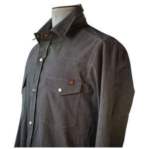 Ship John Townes Western Work Shirt brown pinstripe Denim Brass Snaps Sz XL